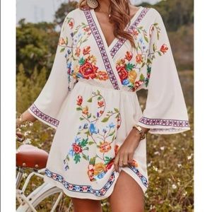 Boho cream floral print surplice dress